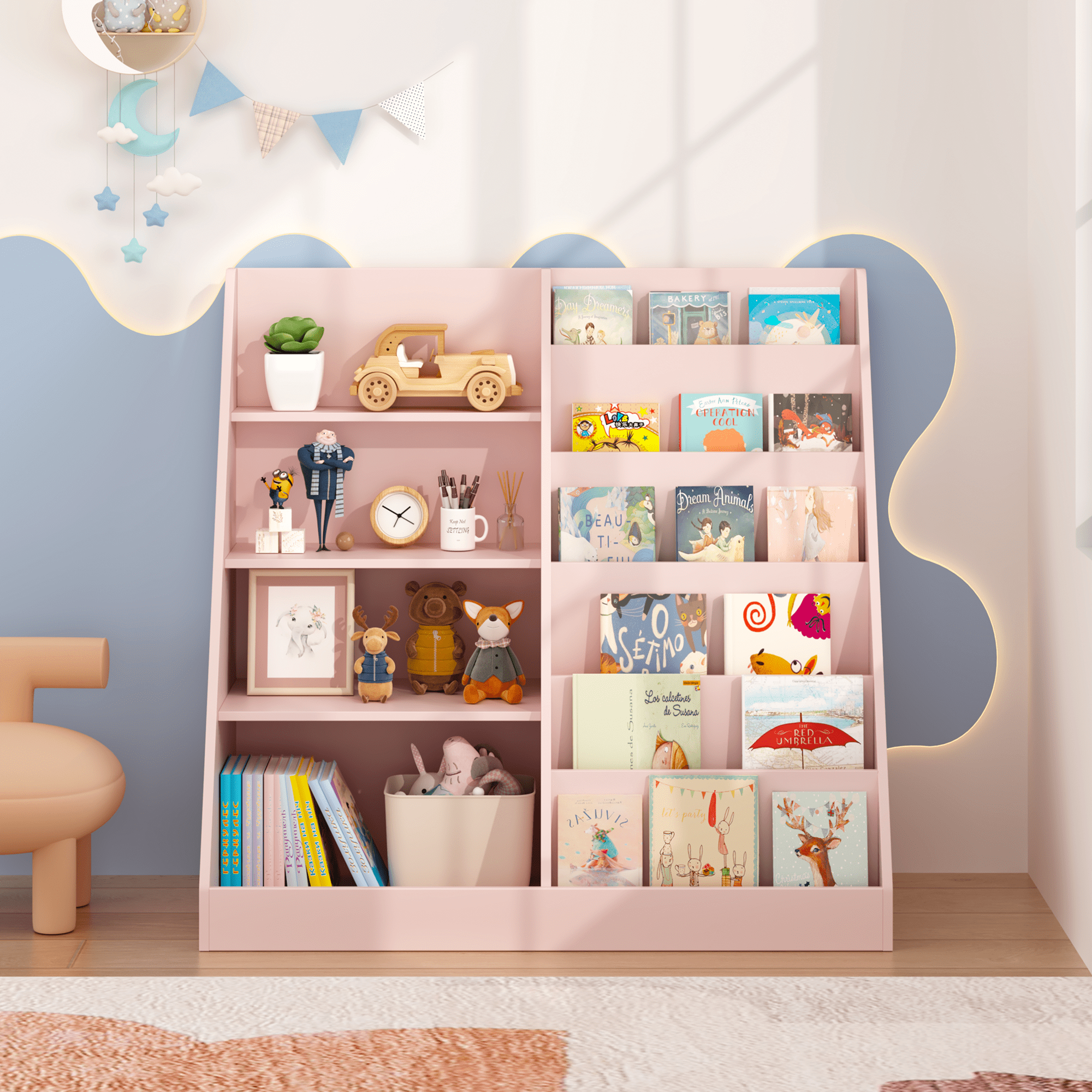 Pink Kids Bookshelf with Toy Storage Bin 2-Tier Display Childrens Room Organizer