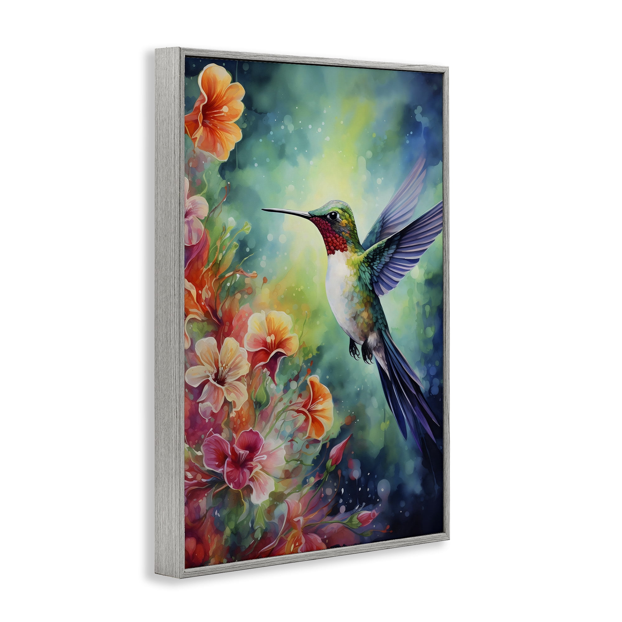 Stupell Industries Fluttering Hummingbird & Radiant Blossoms Gray Framed Giclee Art, design by Creative Studio