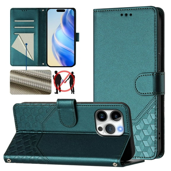 Designed for iPhone 11 Flip Phone Case,With Card Slots,PU Leather Flip Folding Kickstand,With Shoulder Strap and Wrist Strap,Honeycomb Pattern Design,Shockproof Wallet Case,Darkgreen