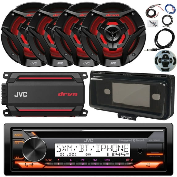 Single DIN Marine Bluetooth USB AUX AM/FM CD Player Receiver Bundle with 4x 6.5" 260W 2-Way Black Boat Speakers with MultiColor LEDs, 4-Channel Amp w/ Install Kit, Wired Remote, Radio Shield, Antenna