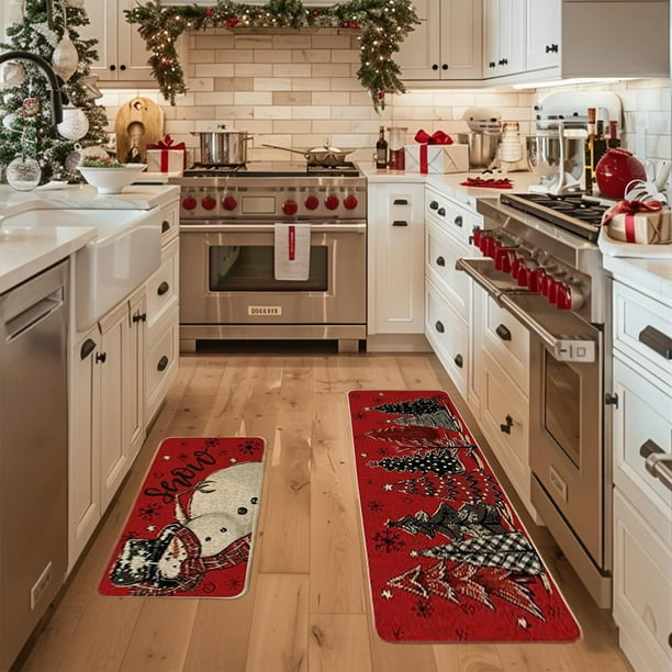 Decoraciones navideñas, 2 alfombras y tapetes de cocina navideños para el suelo, antideslizantes, decoración navideña, juego de tapetes de cocina, decoración navideña, 40 x 60 cm + 40 x 120 cm, tapete