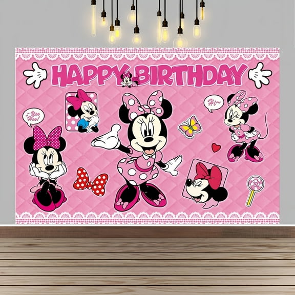 Minnie Happy Birthday Anime Cartoon Theme Backdrops Banner Birthday Party Decor Supplies(5x3ft)