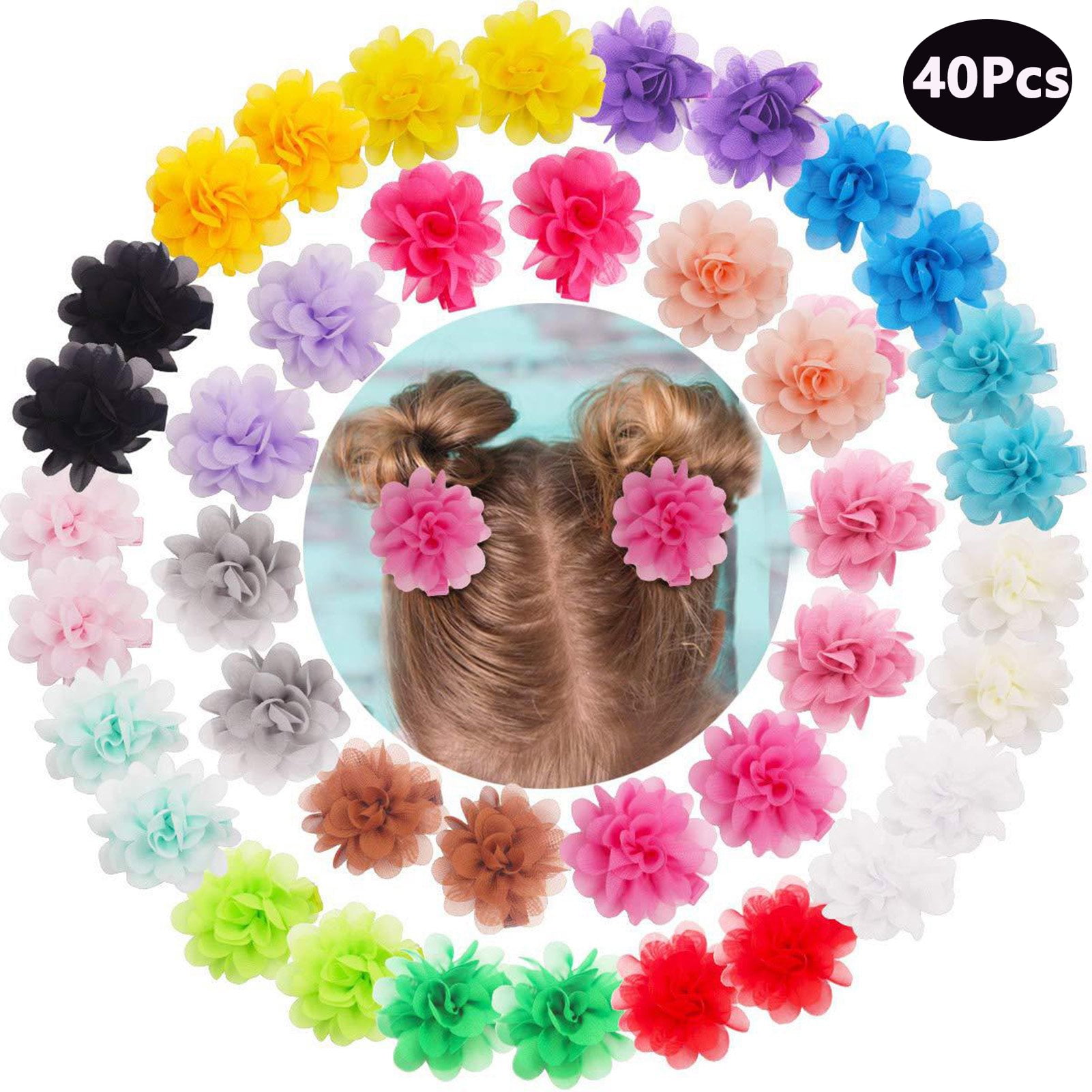 40Pcs 2.4 In Chiffon Hair Clips of Flower, Ribbon Lined Hair Flower Accessories for Baby Girls Infants,20 Colors