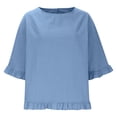 thumbnail image 6 of Women T Shirts Summer Tops Solid Cotton and Linen Ruffle Pleated Hem Tops Round Neck Casual Shirt Tops Comfortable Shirts, 6 of 8