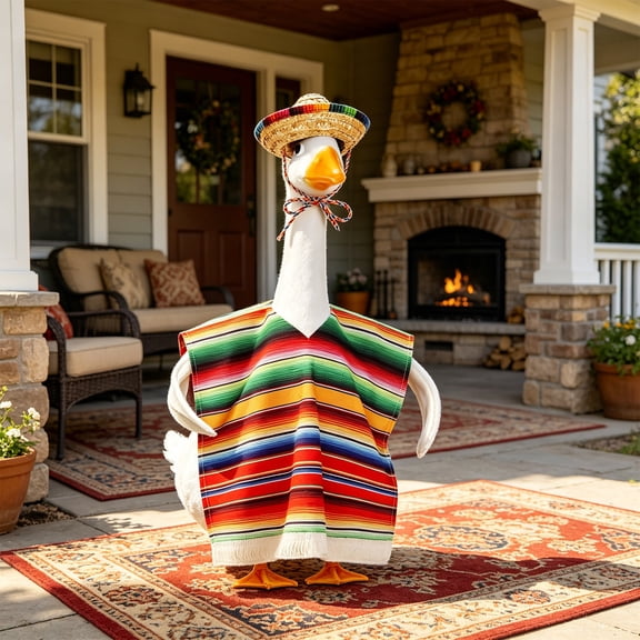 Sruoe Porch Goose Outfits, 23" Fiesta Themed Goose Clothes Dress, Duck Clothes for Lawn Statue, Mexican Serape Poncho & Sombrero Goose Clothing, Goose Costume for Holiday Yard Patio Party Decor