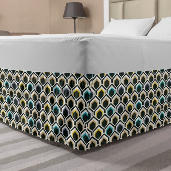 Geometric Bed Skirt, Overlapping Hexagonal Shapes with Retro Colored Chevron Elements Tile, Elastic Bedskirt Dust Ruffle Wrap Around for Bedding Decor, 4 Sizes, Black Sky Blue Yellow, by Ambesonne