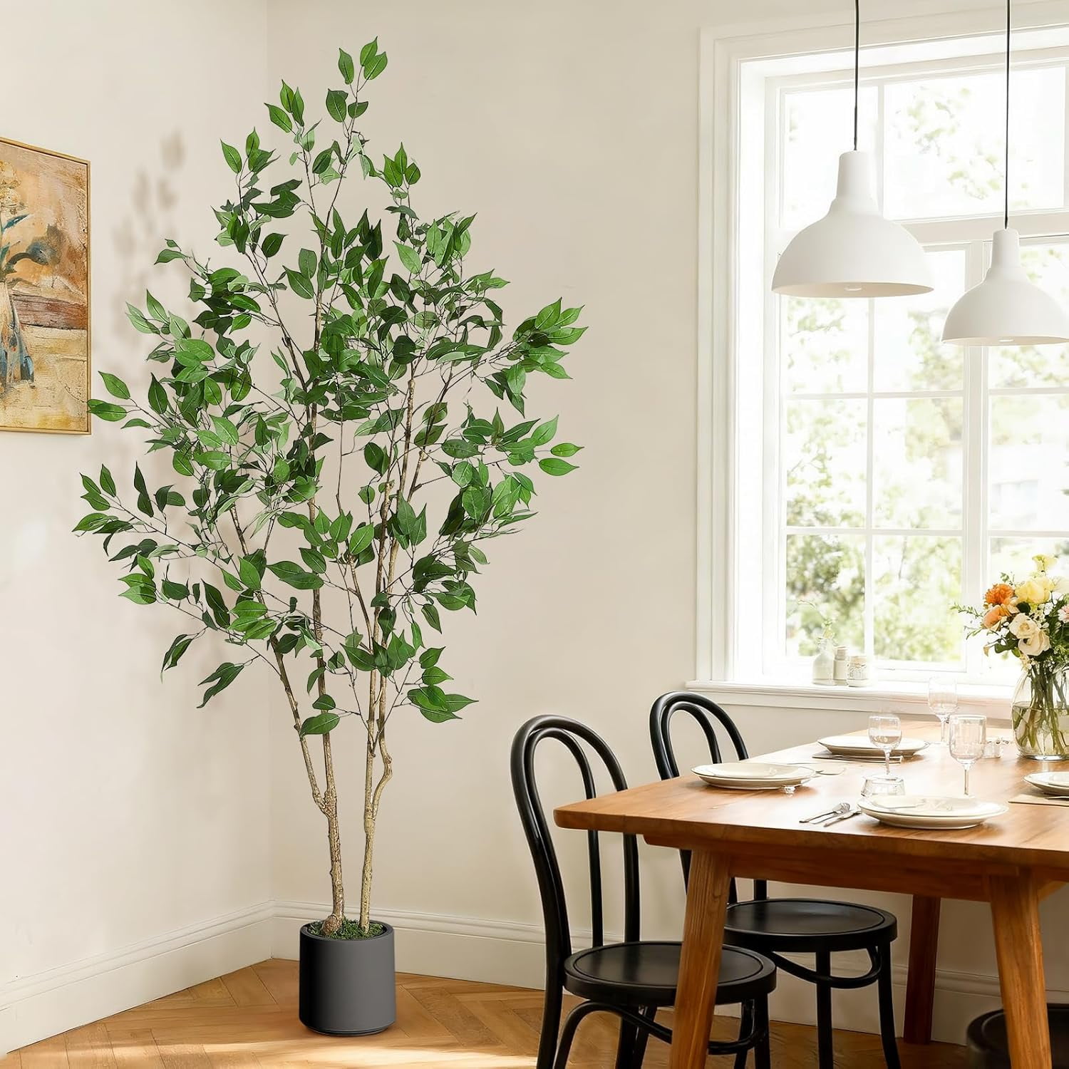 Ficus Trees Artificial Indoor, 6FT Tall Faux Ficus Tree with Black Planter & Green Fake Moss, Artificial Plants with Natural Wood Trunk & Lifelike Fruits for Home Office Decor