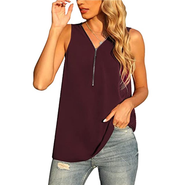 Camiseta sin mangas para mujer con cierre de cremallera y cuello en V, camisas de gasa sin mangas sueltas para uso en verano