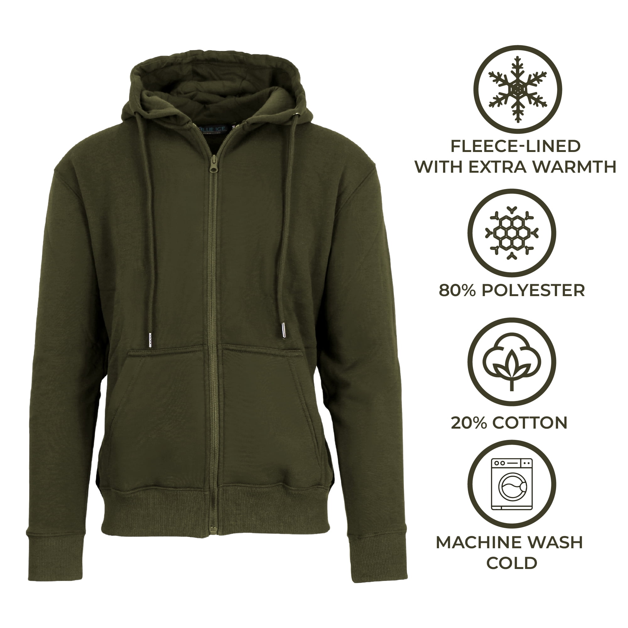 Blue Ice Men's Fleece-Lined Full-Zip Hoodie, Dual Kangaroo Pockets