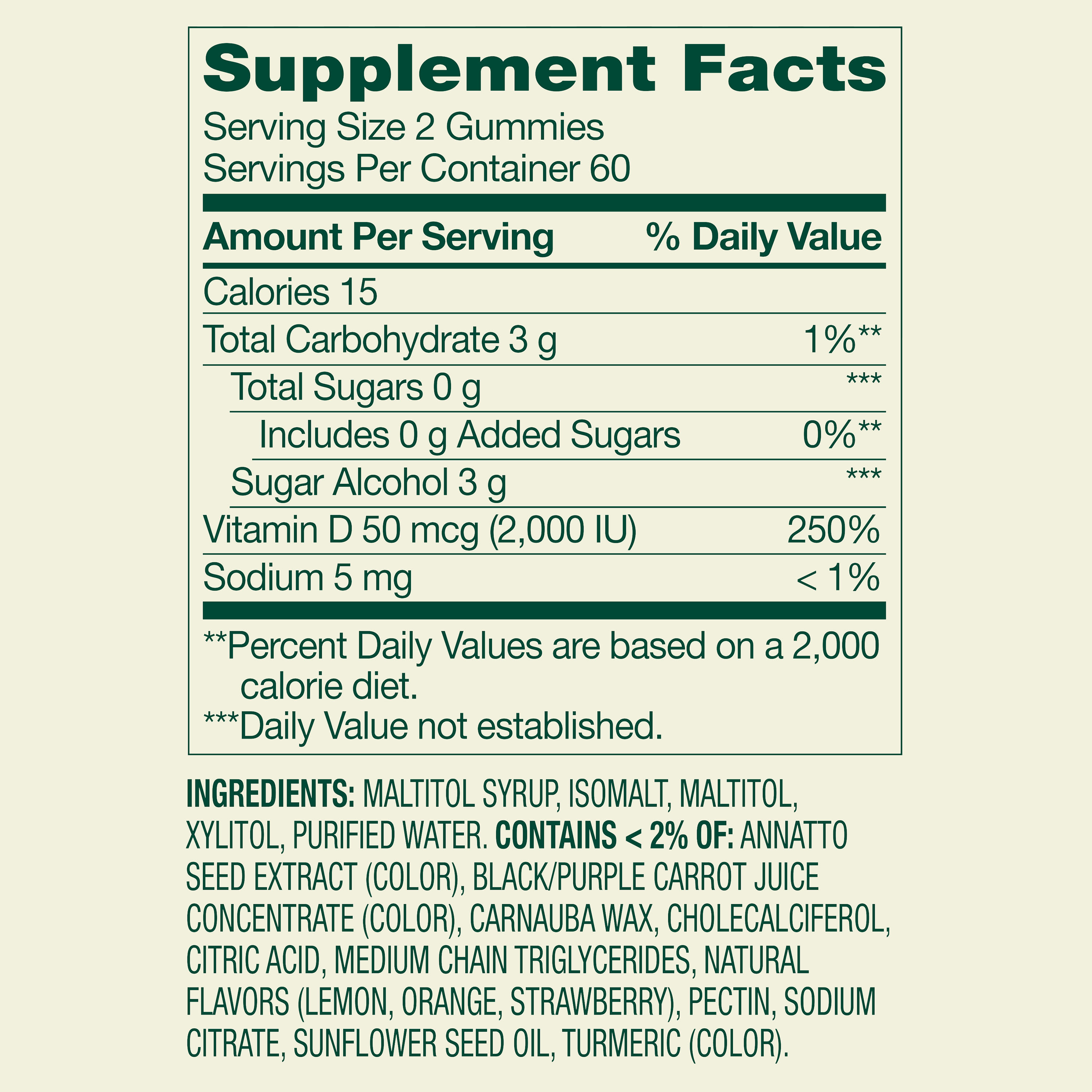 Gomitas de Vitamina D sin Azúcar de Spring Valley, 50 mcg (2000 UI), 120 Unidades, Suplemento Alimenticio para la Salud Ósea e Inmune 3
