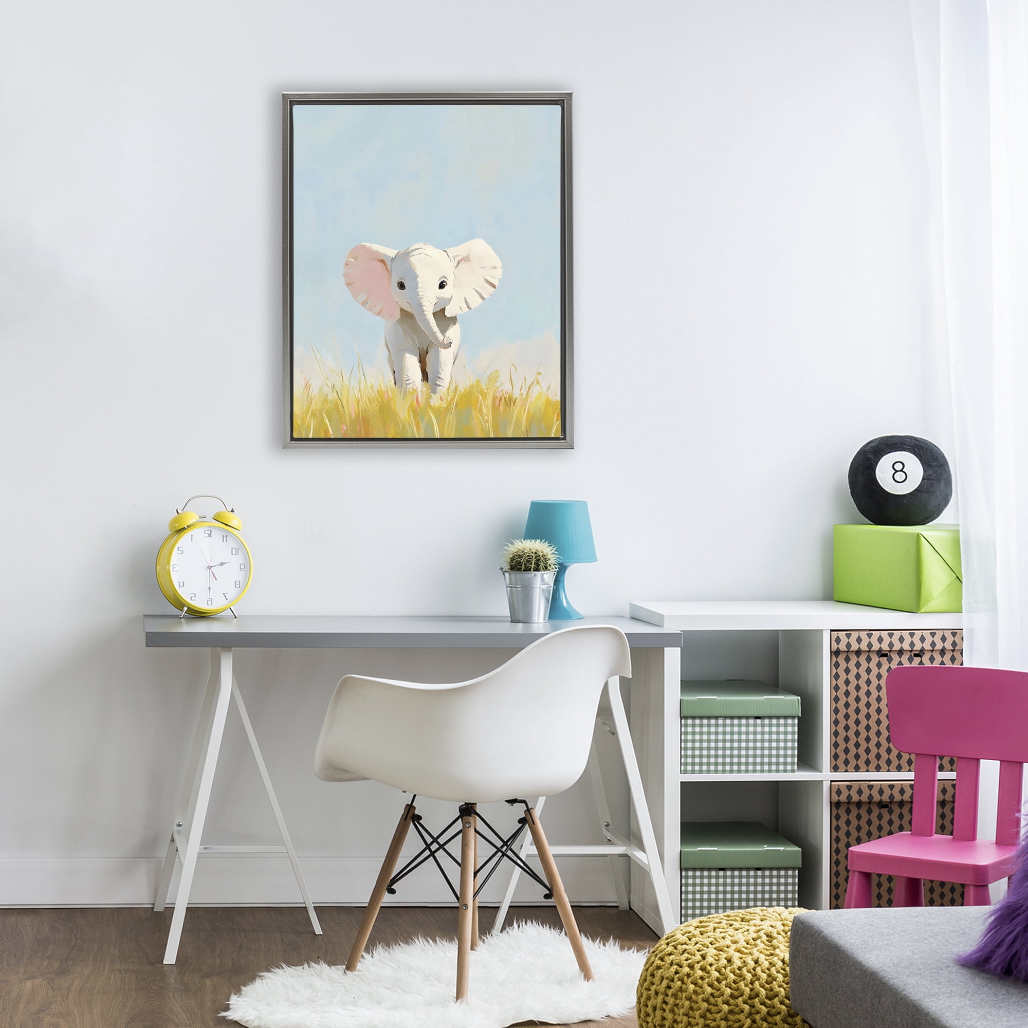 Stupell Industries White Baby Elephant in Grass Gray Framed Floater Canvas Wall Art, design by The Prints Vibe