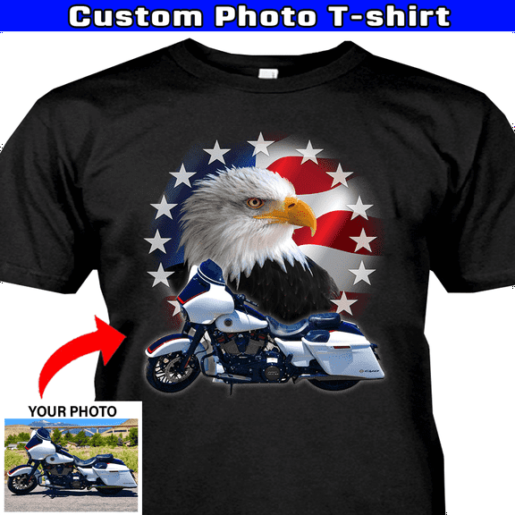 Motorcycle Personalized T-shirt, Biker custom photo t-shirt, funny t-shirt gift for bikers Print on the back, American Eagle Motorcycle t-shirt (BK89)