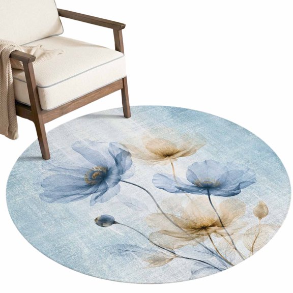 Watercolor Translucent Floral Round Area Rug 5ft Dreamy Blue Beige Flower Non-Slip Washable Circle Rugs Soft Felt Indoor Floor Mat for Bedroom Kitchen Living Room Bathroom