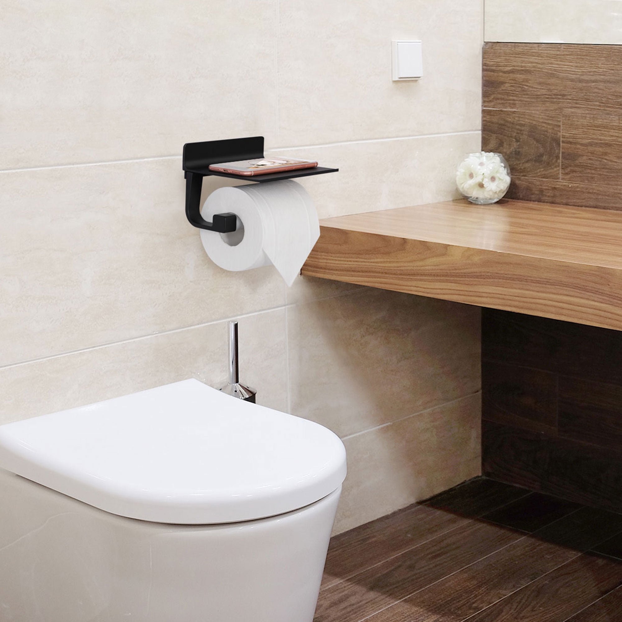 Unique Bargains Toilet Paper Holder with Phone Shelf No Drilling Bathroom Tissue Holder Black