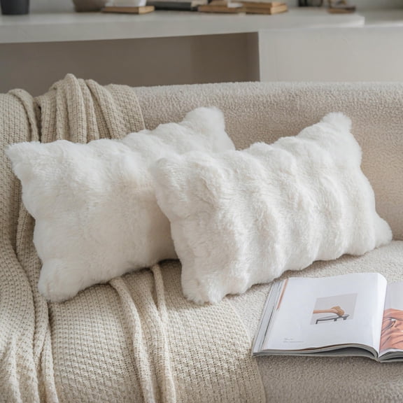 Neelvin Cream White Faux Fur Pillow Covers Set of 2, Luxury Soft Fluffy Throw Pillow Covers for Couch, Fuzzy Decorative Plaid Plush Cushion Cases for Living Room Sofa Bedroom Decor