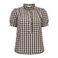thumbnail image 5 of TEAJOPSUU Plaid Tops for Women V Neck Short Sleeve Button Down Placket Shirts Trendy Puff Sleeve Solid Color Blouses Brown, 5 of 8