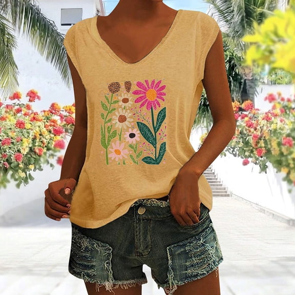 Vmvidoty V Neck Tank Tops for Women Dressy Casual Sleeveless Blouses Floral Summer Tops Khaki XXL