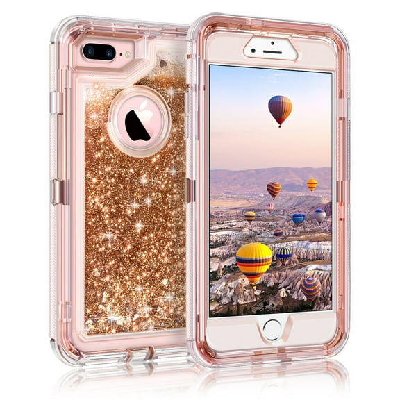 Apple IPhone 8 Plus / IPhone 7 Plus Tough Defender Sparkling Liquid Glitter Heart Case With Transparent Holster Clip Hot