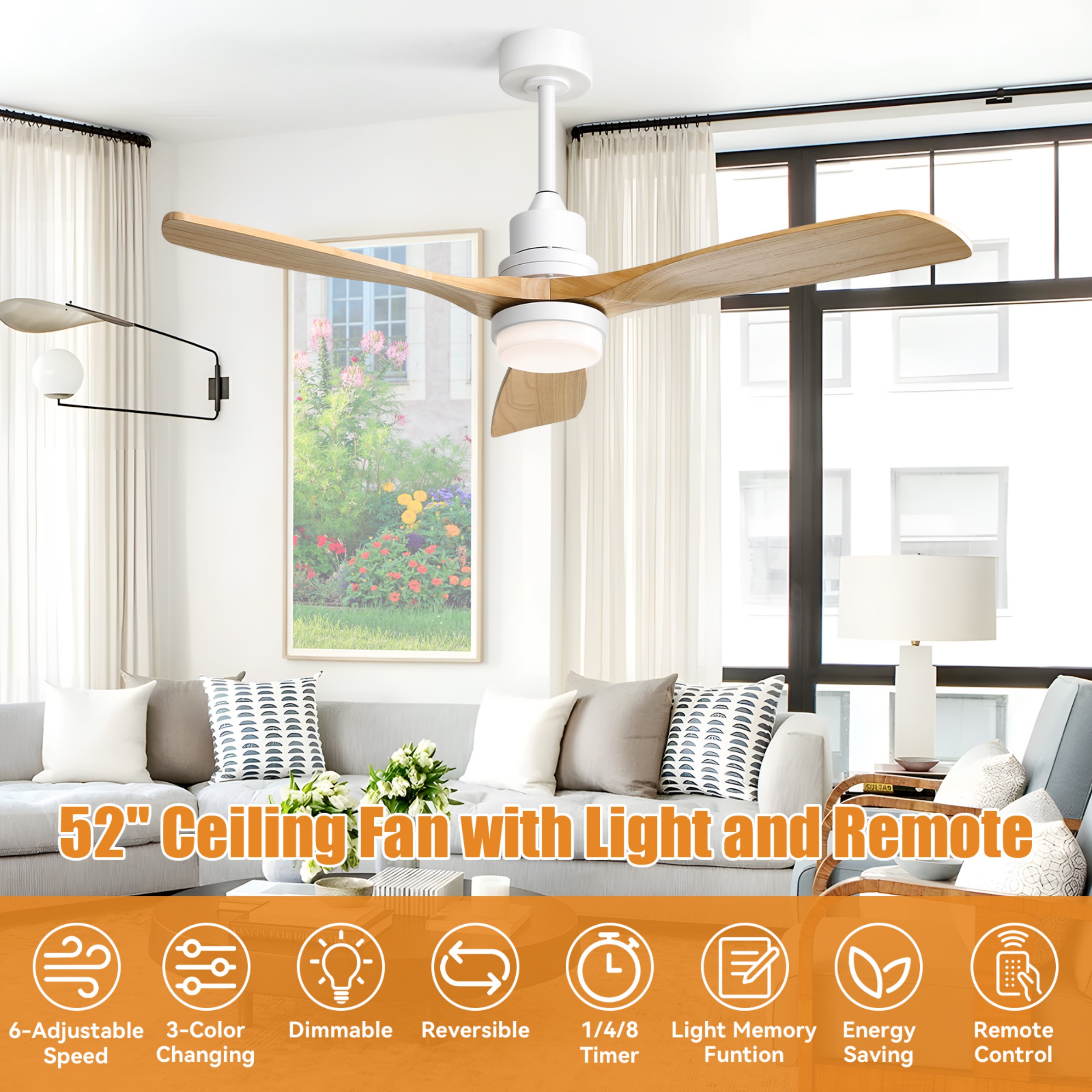 Sofucor 52 Inch Ceiling Fan with Lights and Remote Control-Modern Solid Wood Blade Ceiling Fan for Bedroom Living Room Indoor Outdoor Farmhouse Patio, Noiseless DC Motor, Natural Wood