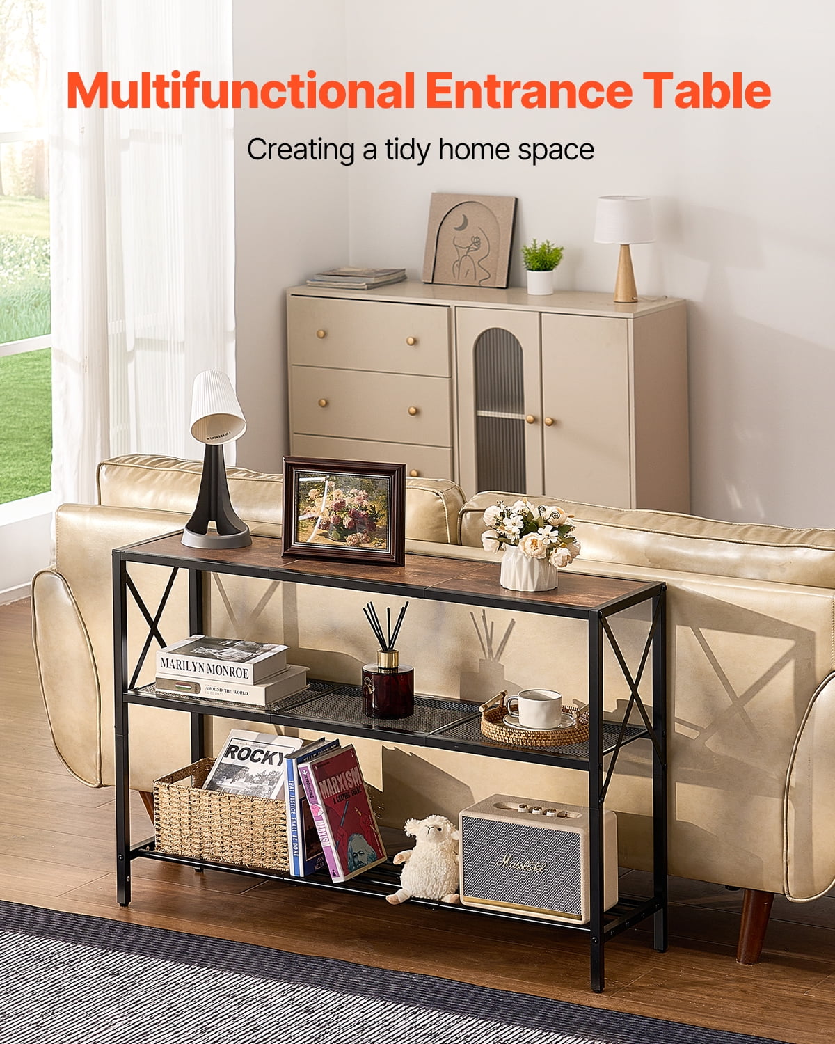 VEVOR Narrow Console Sofa Table, 41.7 inches Behind Couch Table, 3-Tier Long Entryway Table and Skinny Hallway Table, Narrow Sofa Table with Metal Frame, for Entryway, Hallway, Living Room & Bedroom