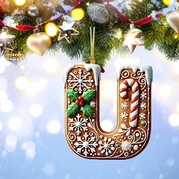 Personalized Christmas Letter U Ornament, DIY Gingerbread Acrylic Alphabet Decoration with Holly and Candy Cane, Hanging Tree Gift Tag for Party