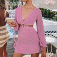 thumbnail image 3 of Vestido de color sólido de manga larga con cuello en V de suéter de punto de playa con falda sexy para mujer Pompotops  qwe12411, 3 of 5