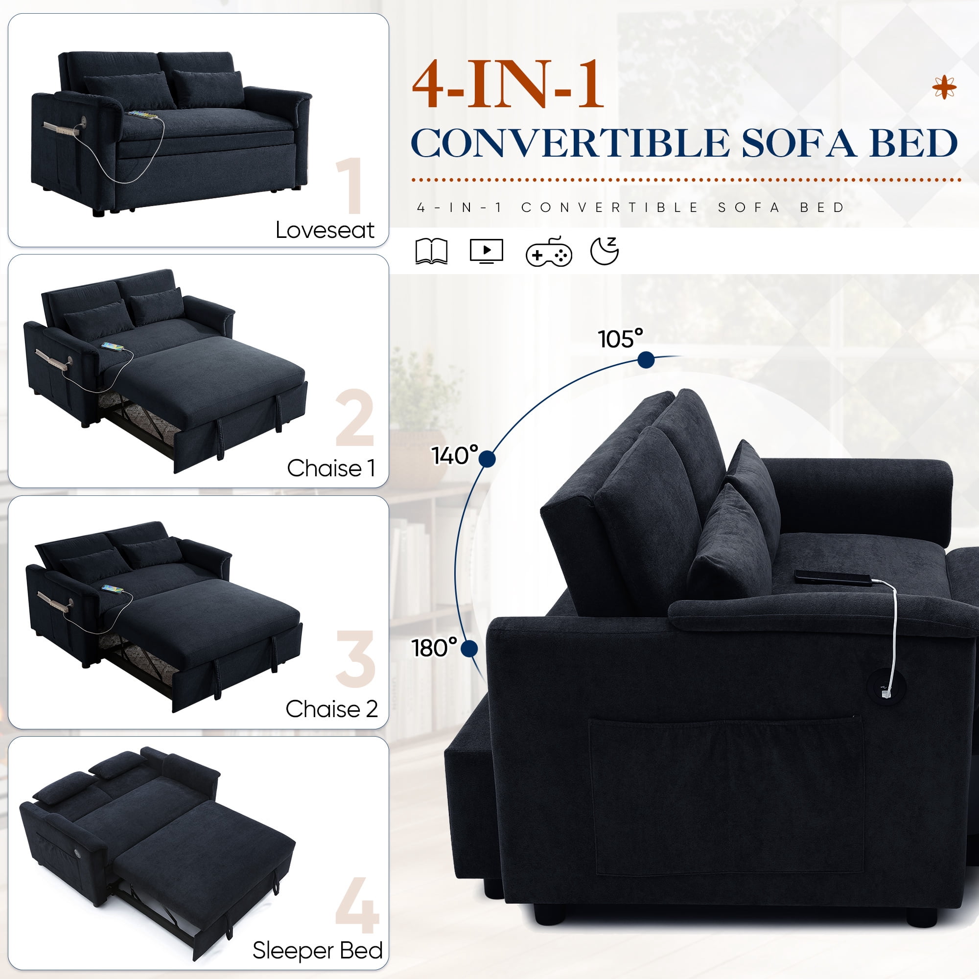 Lunale Convertible Sofa Bed with USB, 55" Loveseat Sleeper for Living Room, Apt, Black Velvet