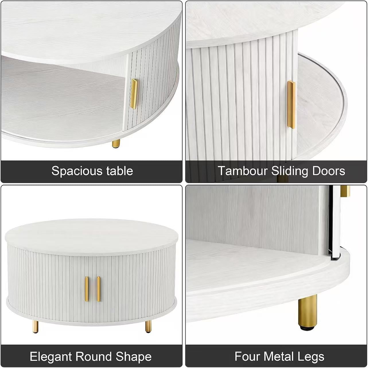 Aisword Round Coffee Table with 360° Sliding Door, Fluted Accent Storage Coffee Table with Adjustable Footpads for Living Room, White