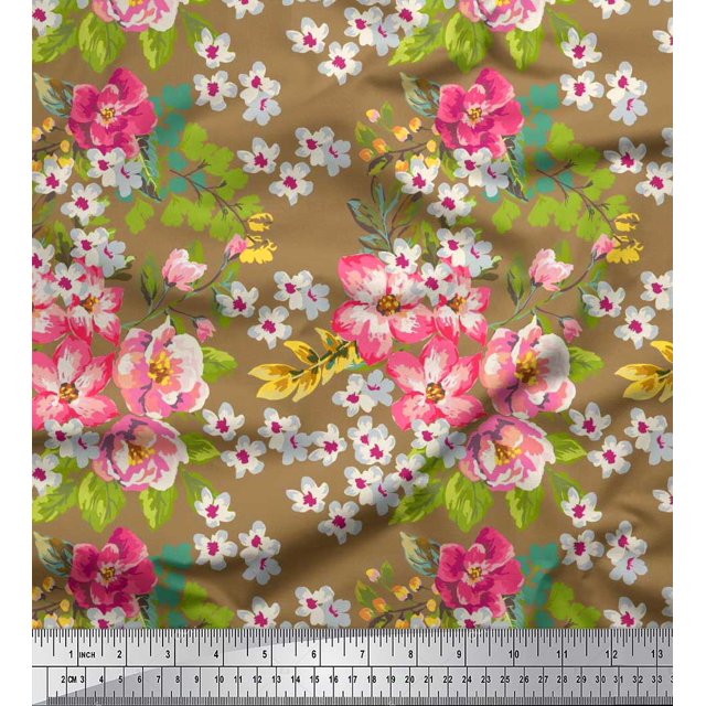 Soimoi polyester Crepe Fabric Leaves & Peony Floral Print Sewing Fabric Yard 52 Inch Wide