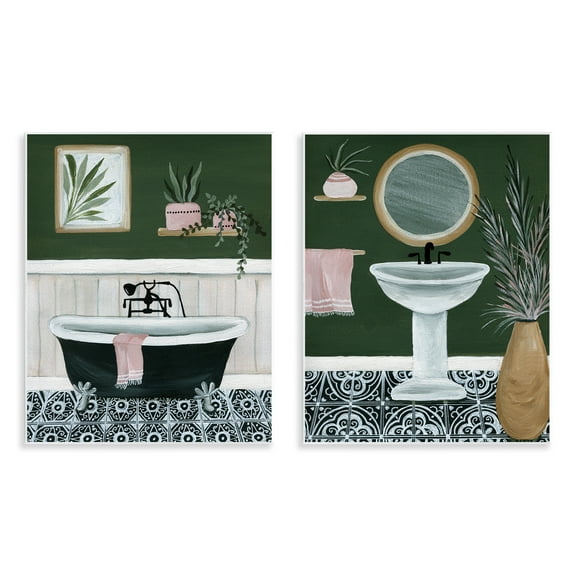 Stupell Industries Inviting Bold Green Bathroom Bath & Laundry Painting Unframed Art Print Wall Art, 11 x 14, Set of 2