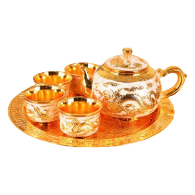 Elegant Teapot Set W/ Tray Zinc Alloy Drinking Water 4 Tea Cups Tea Set  Gift Gold White 