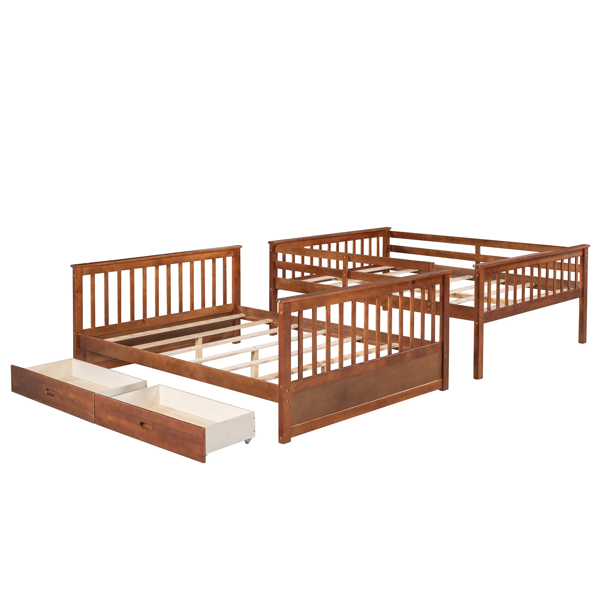 Aukfa Full over Full Bunk Bed with Two Storage Drawers, Wood Convertible Two Bed for Kids Teens - Walnut