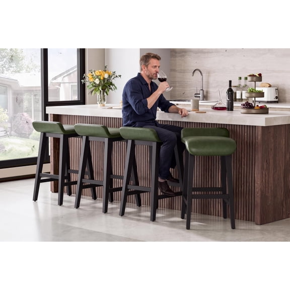 Set of 4 Counter Height Bar Stools, 26.2 Inch Modern Low Back Kitchen Stools with Footrest, Upholstered Cushion & Solid Wood Legs, Dining Chair for Kitchen Counter Dining Room, Green