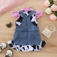 thumbnail image 4 of Suealasg Western Little Girl Outfit 1T 2T 3T 4T 5T 6T Kids Girls Summer Clothes Flying Sleeve Button Down Cow Print Shirt Denim Overalls Skirt Set, 4 of 8