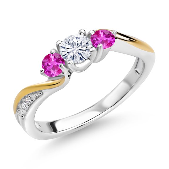 Gem Stone King 925 Silver and 10K Yellow Gold Moissanite Pink Sapphire and Lab Grown Diamond 3 Stone Engagement Ring for Women (0.52 Cttw, Gemstone Birthstone, Size 7)