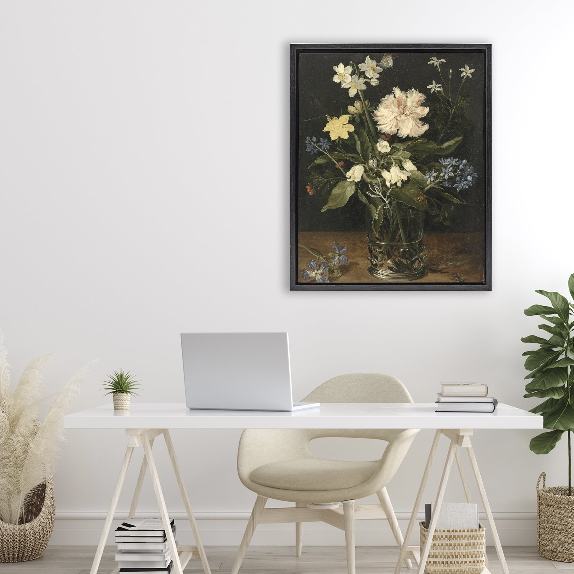 Stupell Industries Chrysanthemum & Flowers in Vase Black Framed Floater Canvas Wall Art, design by Vintage Hustle
