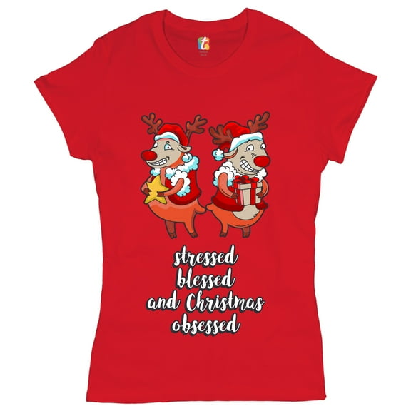 Tee Hunt Stressed Blessed and Christmas Obsessed T-Shirt Funny Reindeers Women's T-Shirt Tee