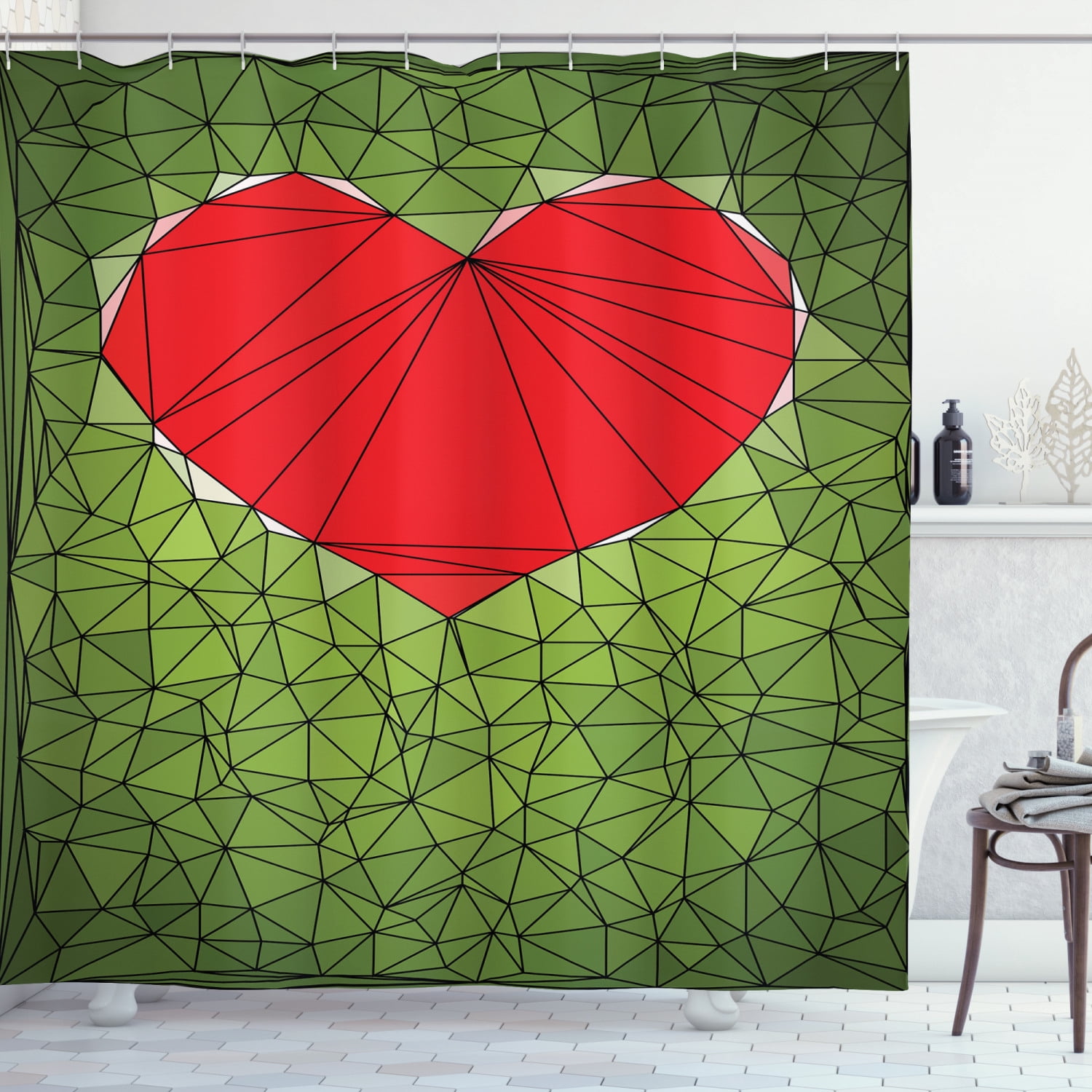 Polygons Shower Curtain, Stained Glass Inspired Mosaic Art Heart on