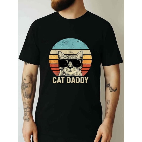 Greenink Vintage Cat Daddy Graphic Tee For Cat Lovers Men's Summer Round Neck Short Sleeved Casual Cotton Print A Surprise Gift For Family And Friends
