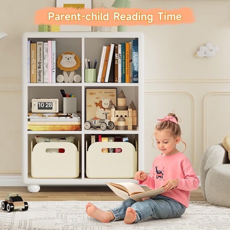 Tall Bookcase with 6 Cube Storage, Wooden Kids Bookshelf with Child Safe Paint, Girl Toy Storage Organizer Cabinet with Thick Board, Boy Large Book Shelves for Office Playroom Living Room