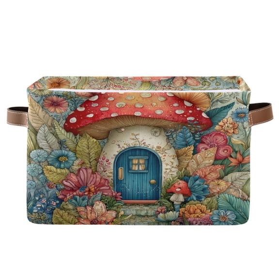 1-Pack Square Closet Organizers with Handles Open Basket Bins Cute Mushroom House Storage Basket for Home Office