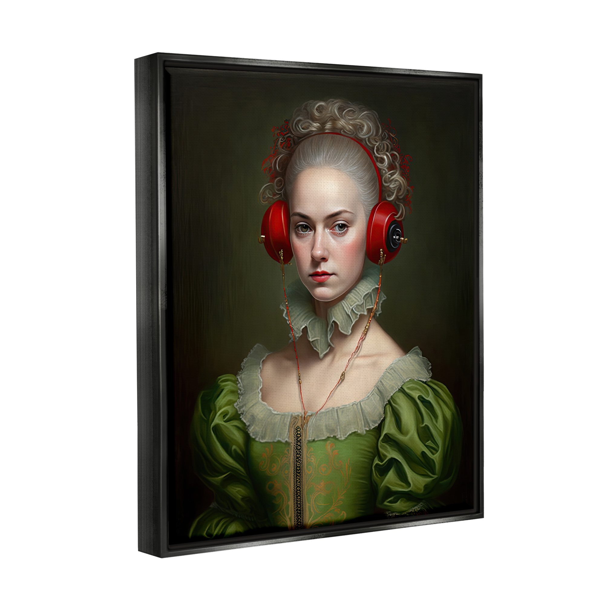 Stupell Industries Classic Portrait with Headphones Beauty & Fashion Painting Black Floater Framed Art Print Wall Art, 17 x 21