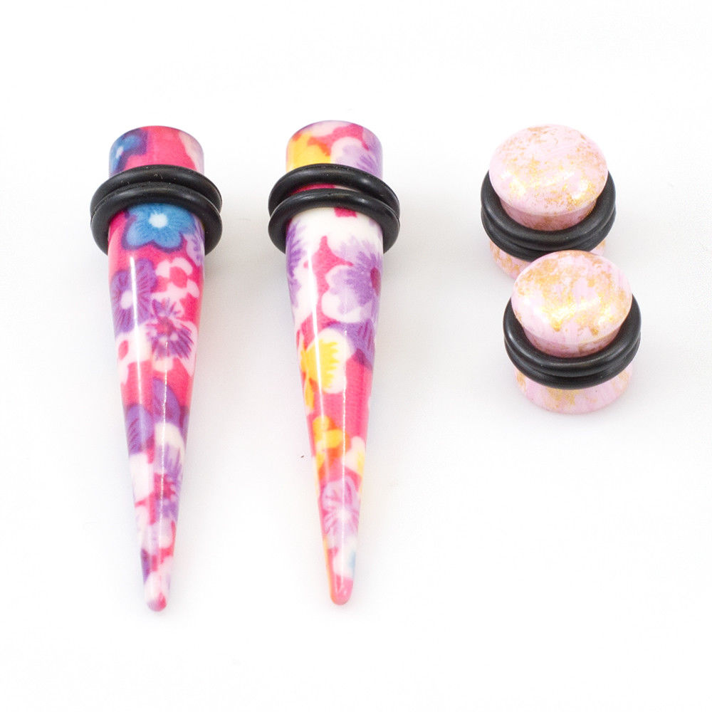 Ear Plugs with Tapers Stretching kit Colorful Flower Design with O rings - image 5 of 25