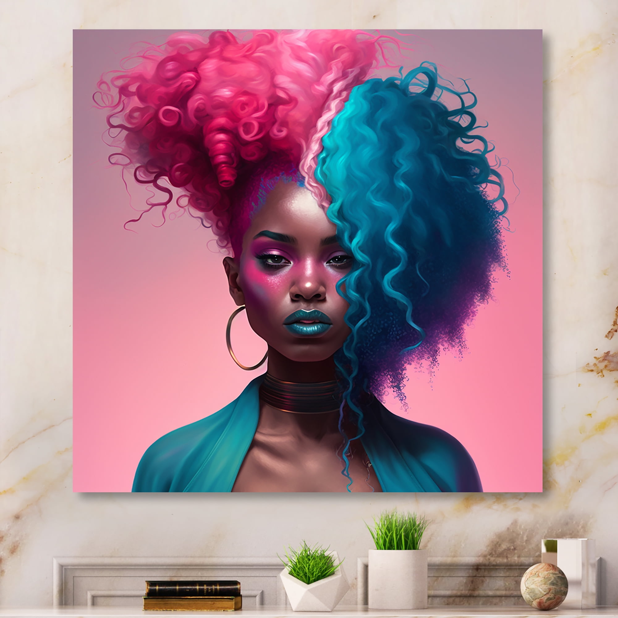 Designart Hip Hop Girl With Pink And Blue Hair I Canvas Wall Art