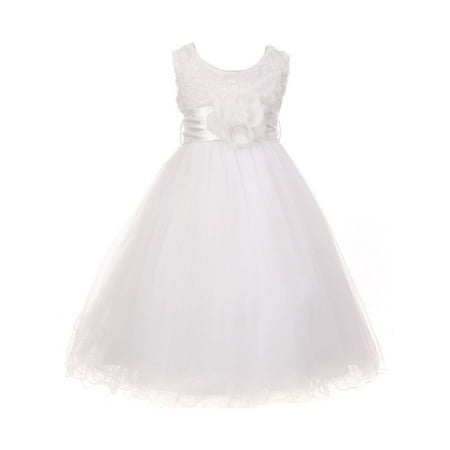 Little Girls White Sash Tulle Rosette Bodice Flower Girl Dress 6 ...