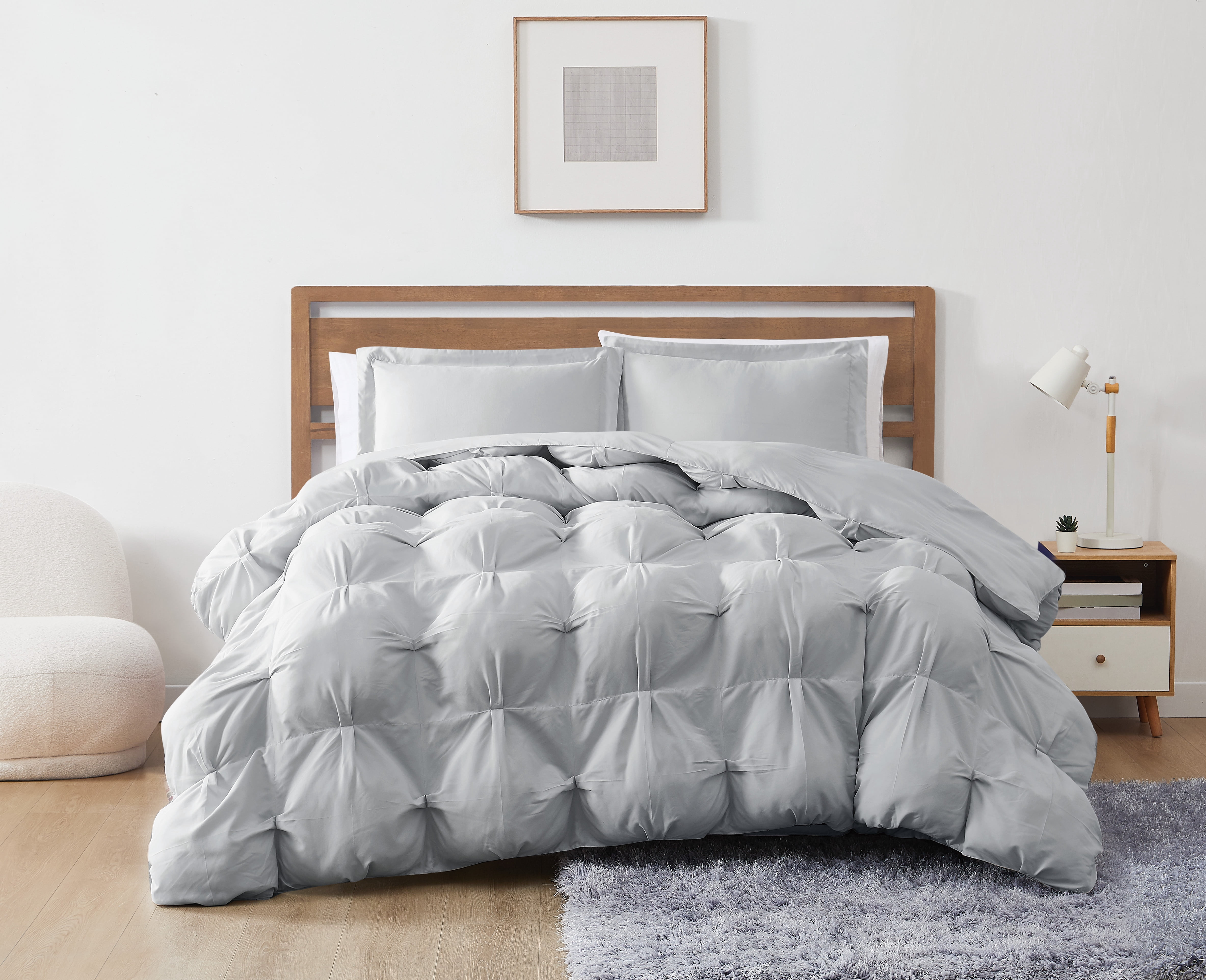 Truly Soft Cloud Puffer Boxed Pleat 100% Microfiber Polyester Grey 3-Piece Full/Queen Comforter Set, Solid Casual themed, Adult Bedding, OEKO-TEX Certified