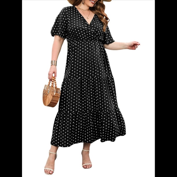 Vestido Informal de Lunares para Mujer, Talla Grande, de Verano, Corta, Cuello en V, Holgado, Escalonado Negro XXL