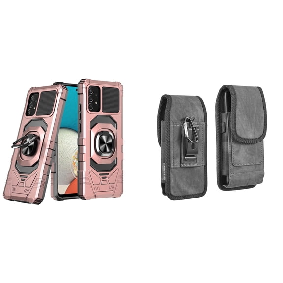 Case with Belt Holster Bundle for Samsung Galaxy A53 5G: Heavy Duty Shield Cover (Rose Gold) and Vertical Rugged Denim Nylon Phone Pouch