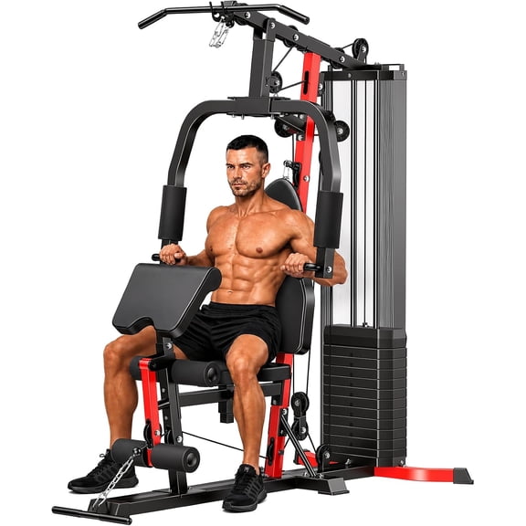 Home Gym System, Multifunctional Workout Station, For Garage Basement Home Fitness Room, Integrated Weight Stack Multi Level Cable Pulley System, Heavy Duty Modern Style, Black, One Set