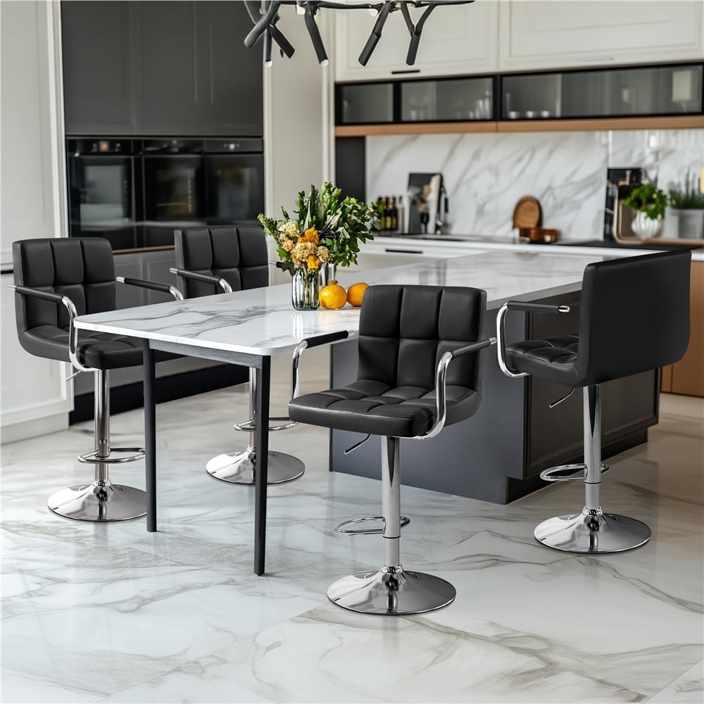 Yaheetech PU Leather Swivel Bar Stool with Tufted Backrest and Padded Armrests, Black